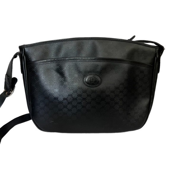 Vintage Authentic Gucci Black Leather Monogram Crossbody Bag Adjustable Strap - Picture 1 of 14